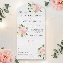 Invitación Todo En Uno Boda floral moderno Rubor Roses rosados