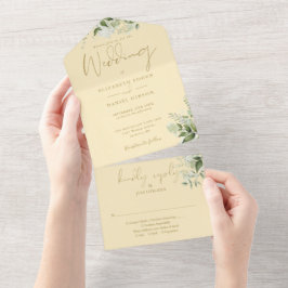 Invitación Todo En Uno Boda Floral Monograma Amarillo Botón de Oro y Dora