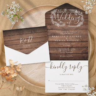Invitación Todo En Uno Boda Floral Monograma de Guion de Madera Rústica