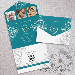 Invitación Todo En Uno Boda Floral Monograma Dorado Turquesa