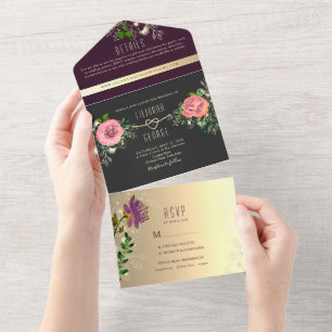 Invitación Todo En Uno Boda Floral Morada Negra y Malhumorada