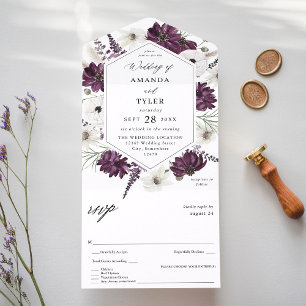 Invitación Todo En Uno Boda floral morado y blanco