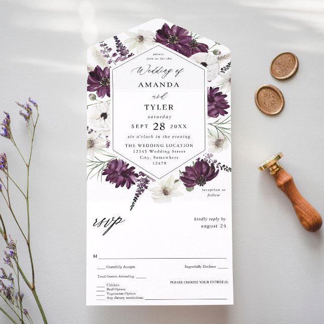Invitación Todo En Uno Boda floral morado y blanco (Subido por el creador)