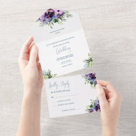 Invitación Todo En Uno Boda floral morado y verde