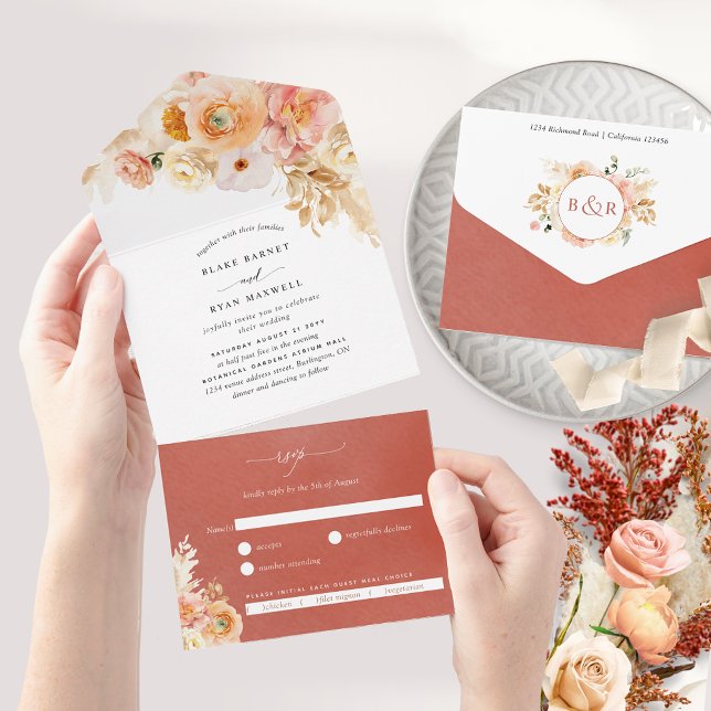 Invitación Todo En Uno Boda floral Naranja de óxido de moda con RSVP (Subido por el creador)