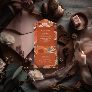 Invitación Todo En Uno Boda floral naranja quemada Retro Groovy