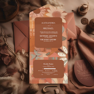Invitación Todo En Uno Boda floral naranja quemada Retro Groovy