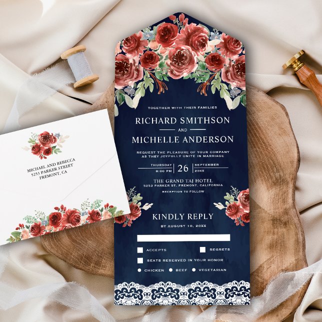 Invitación Todo En Uno Boda floral Navy Blue Country Lace Marsala (Subido por el creador)
