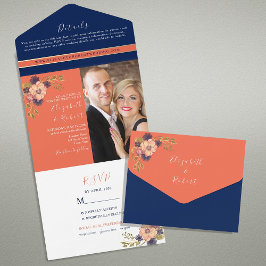 Invitación Todo En Uno Boda floral Navy Blue y Coral Boho