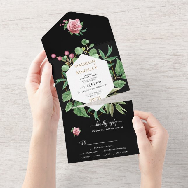 Invitación Todo En Uno Boda floral negro geométrico moderno (desgarro)