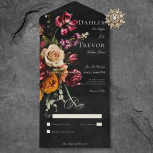 Invitación Todo En Uno Boda floral oscuro elegante de otoño sin cena