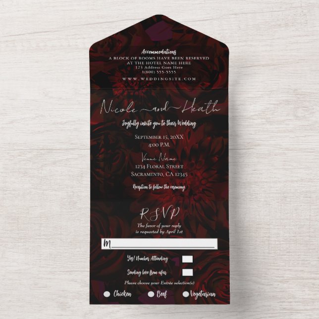 Invitación Todo En Uno Boda floral oscuro rojo borgoña (Interior)
