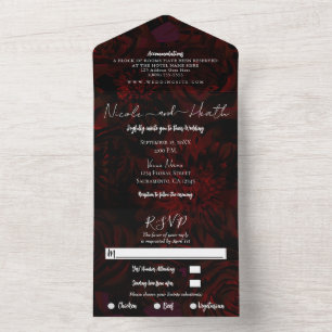Invitación Todo En Uno Boda floral oscuro rojo borgoña  