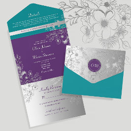 Invitación Todo En Uno Boda Floral Plateada Verde Turquesa Purpura