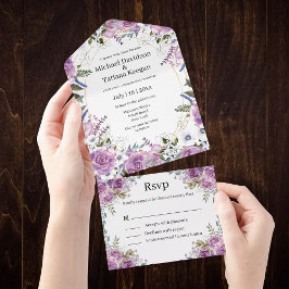 Invitación Todo En Uno boda floral púrpura de acuarela moderna