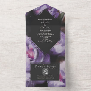 Invitación Todo En Uno Boda floral púrpura Dramática Botánica RSVP QR