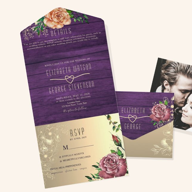 Invitación Todo En Uno Boda floral púrpura rustica (Subido por el creador)
