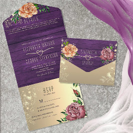 Invitación Todo En Uno Boda floral púrpura rustica