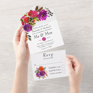 Invitación Todo En Uno Boda floral púrpura y naranja