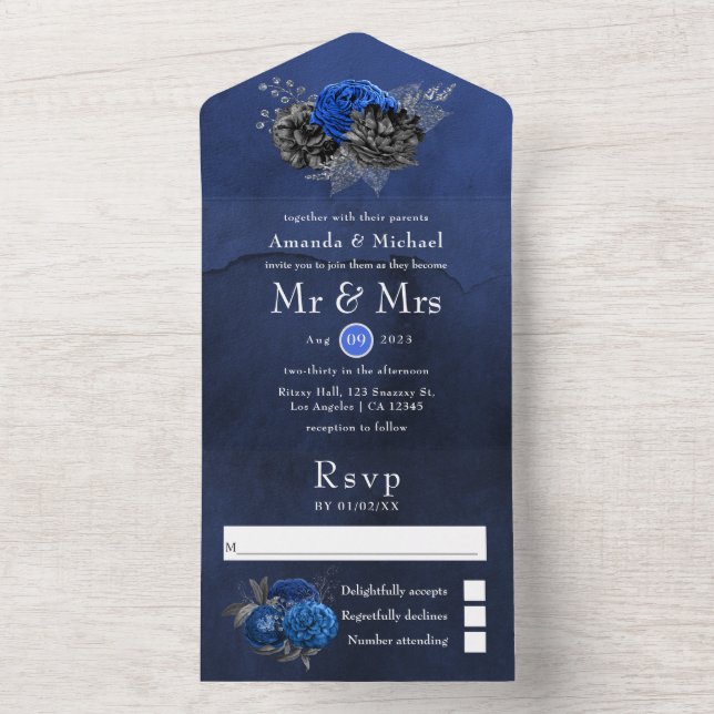 Invitación Todo En Uno Boda floral real azul, negro y plateado todo en (Interior)