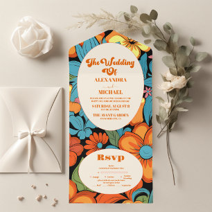 Invitación Todo En Uno Boda floral retro boho de los setenta