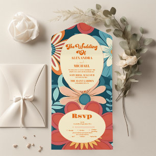 Invitación Todo En Uno Boda Floral Retro de los Setenta