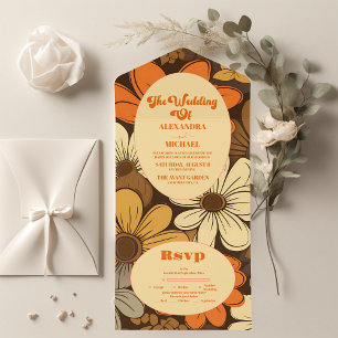 Invitación Todo En Uno Boda Floral Retro de los Setenta