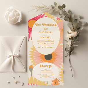 Invitación Todo En Uno Boda floral retro moderna en rosa y amarillo