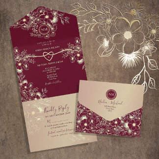 Invitación Todo En Uno Boda Floral Romántica de Borgoña Dorado