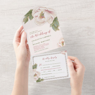 Invitación Todo En Uno Boda floral romántica de rosa peonía de color rosa