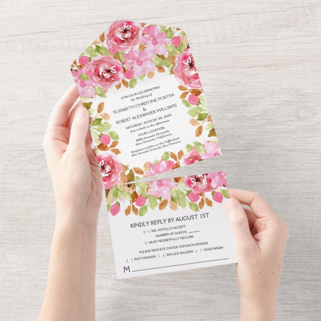 Invitación Todo En Uno Boda floral rosa acuarela (desgarro)