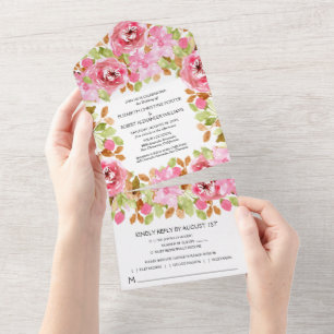 Invitación Todo En Uno Boda floral rosa acuarela
