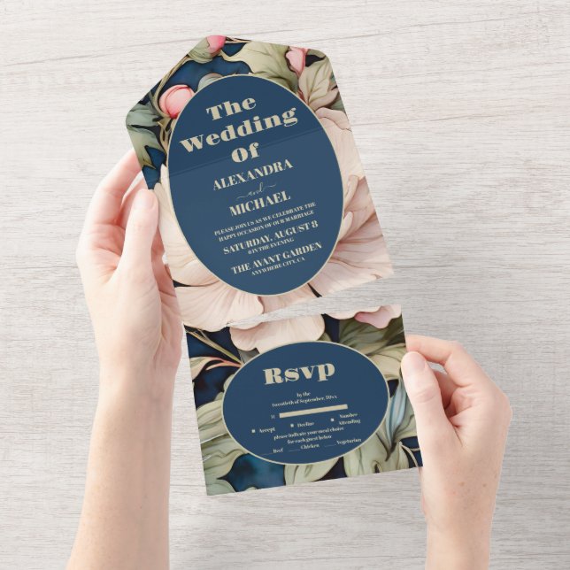 Invitación Todo En Uno Boda floral rosa acuarela (desgarro)