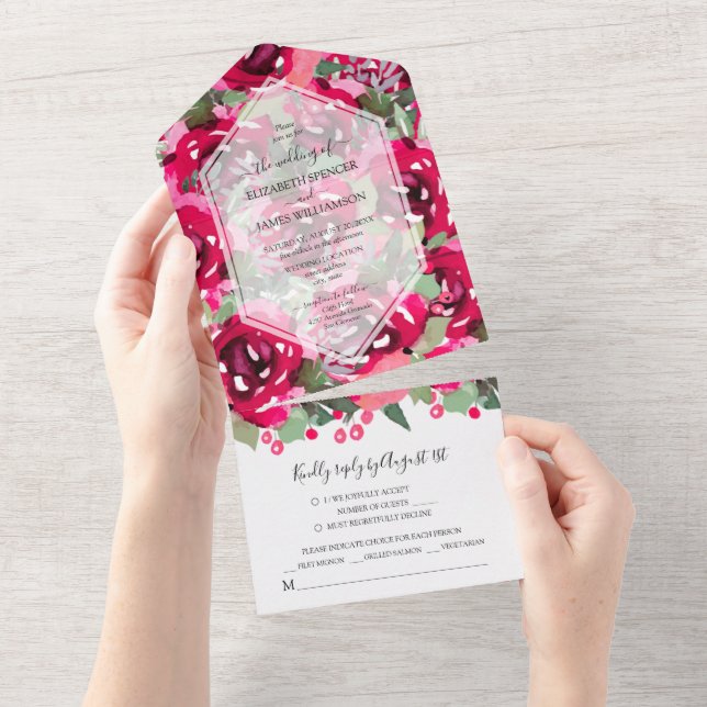 Invitación Todo En Uno Boda floral rosa acuarela (desgarro)