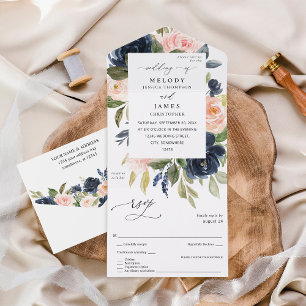 Invitación Todo En Uno Boda floral rosa azul marino y Rubor
