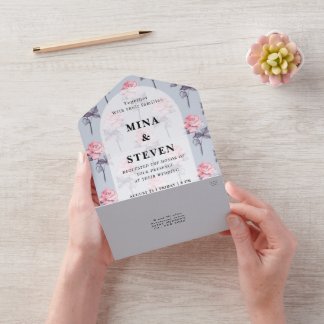 Invitación Todo En Uno Boda floral rosa azul turbio
