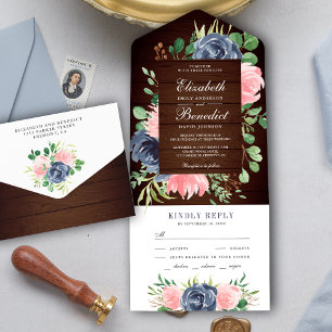 Invitación Todo En Uno Boda Floral Rosa Beige Madera Rústica Azul Marino