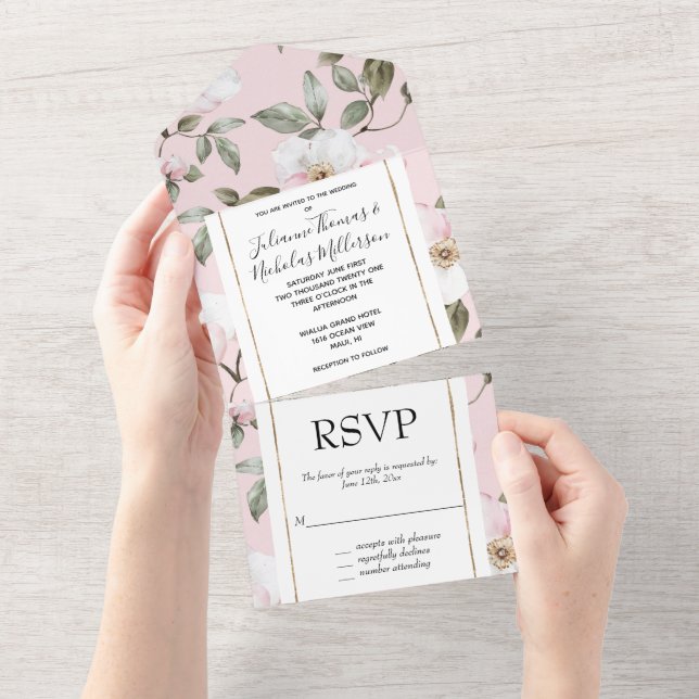 Invitación Todo En Uno Boda floral rosa blanco bonito (desgarro)