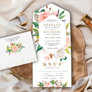Invitación Todo En Uno Boda Floral Rosa Blush de Magnolia Blanca Rústica