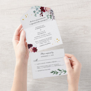 Invitación Todo En Uno Boda floral rosa Borgoña con guión de vegetación