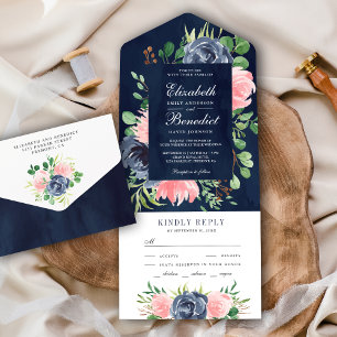 Invitación Todo En Uno Boda Floral Rosa Desvanecido Rústico Azul Marino