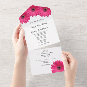 Invitación Todo En Uno Boda Floral Rosa Gerbera Daisy RSVP