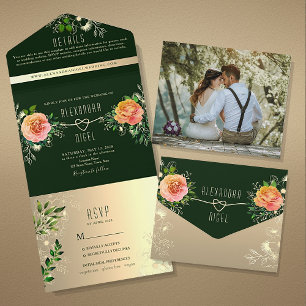 Invitación Todo En Uno Boda Floral Rosa Melocotón Esmeralda