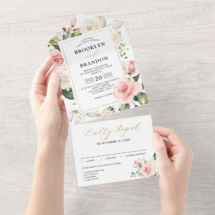 Invitación Todo En Uno Boda Floral Rosa Peach Pastel de verano medio