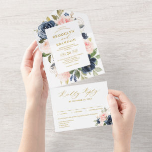 Invitación Todo En Uno Boda floral rosa polvoriento azul marino y dorado 