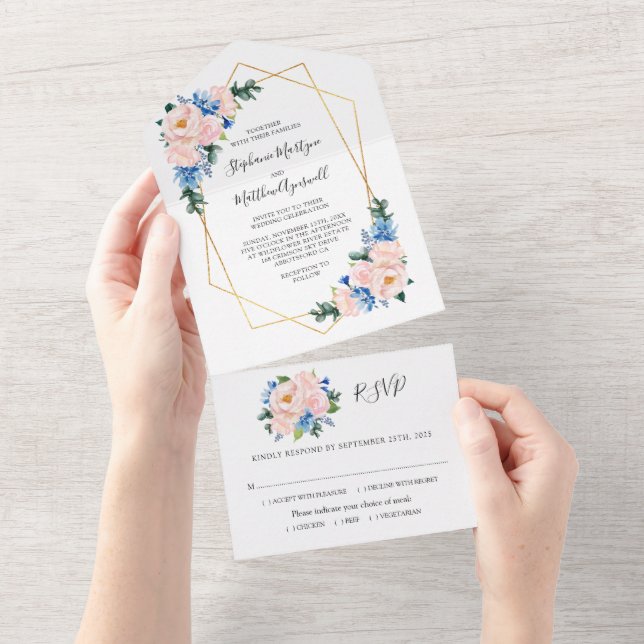 Invitación Todo En Uno Boda floral rosa Rubor azul con polvo geométrico (desgarro)