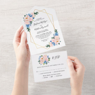 Invitación Todo En Uno Boda floral rosa Rubor azul con polvo geométrico