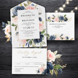 Invitación Todo En Uno Boda floral rosa Rubor con polvo azul marino