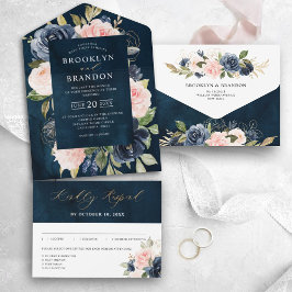 Invitación Todo En Uno Boda floral rosa Rubor con polvo azul marino