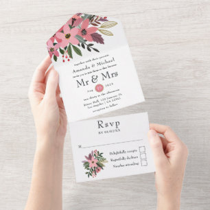 Invitación Todo En Uno Boda floral rosa y dorada de ciruela